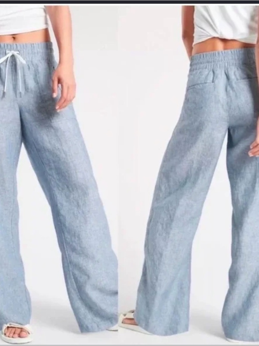 ☀️ ATHLETA Cabo Wide-Leg Drawstring Linen Pants - Light Blue size 12 - Picture 2 of 5